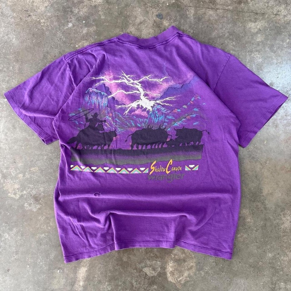 Vintage 90s Wrangler Shadow Canyon Purple Distressed Graphic Tee Mens Large USA